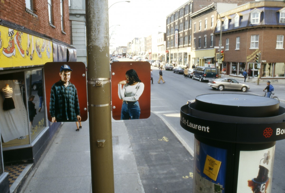 “Hésitation” from <i></i>, 1996 – 
										 – Installation view of diptych 'Class Race', lamp posts on boul. Saint-Laurent										
									